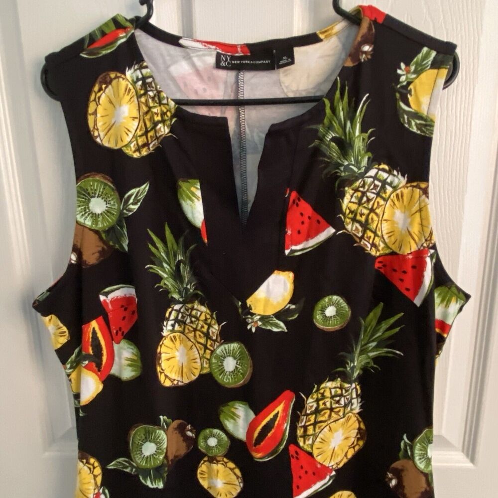 New York & Company Dress Size XL Fruit Print Sleeveless V-Neck Cotton Black - Picture 5 of 9
